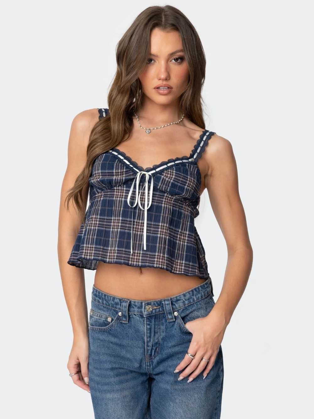 Edikted Coquette Girl Plaid Lace-Trim Ribbon Bow Cami Tank Top Navy Blue XS